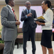 Minister of Finance and Public Service Dr Nigel Clarke, Caribbean Policy Research Institute (CAPRI) Executive Director Dr Damien King, and CAPRI Director of Strategy Yentyl Williams engage in conversation